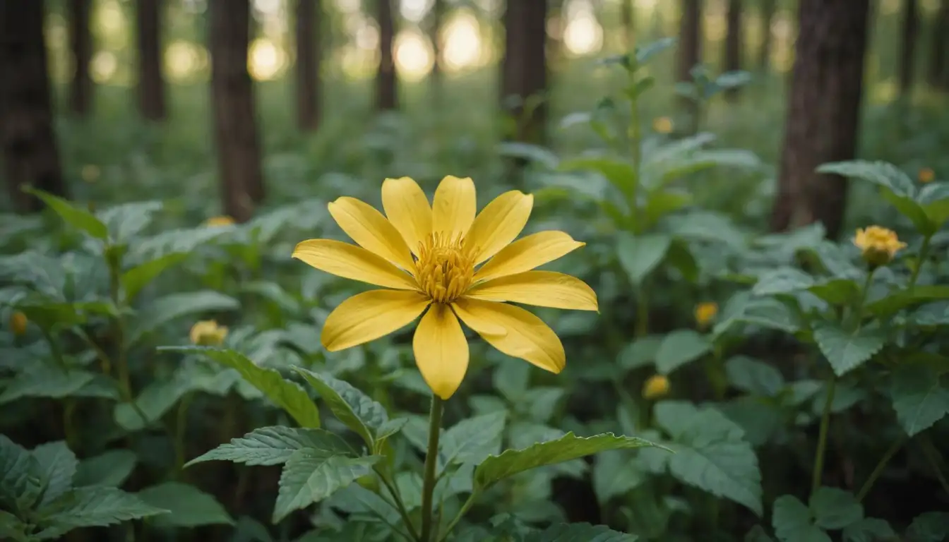 A close-up shot of a bright yellow flower with multiple layers of petals, growing from a robust stem amidst lush green leaves and stems, set against a blurred warm background, possibly featuring a rustic or natural environment, such as a meadow or forest floor