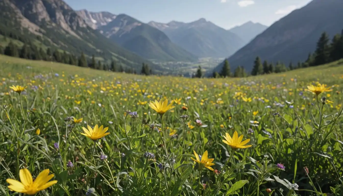 Wildflowers blooming in a meadow, sunny yellow petals, delicate stems, green leaves, natural habitat, background mountains, rustic setting, vibrant colors, gentle focus, soft lighting