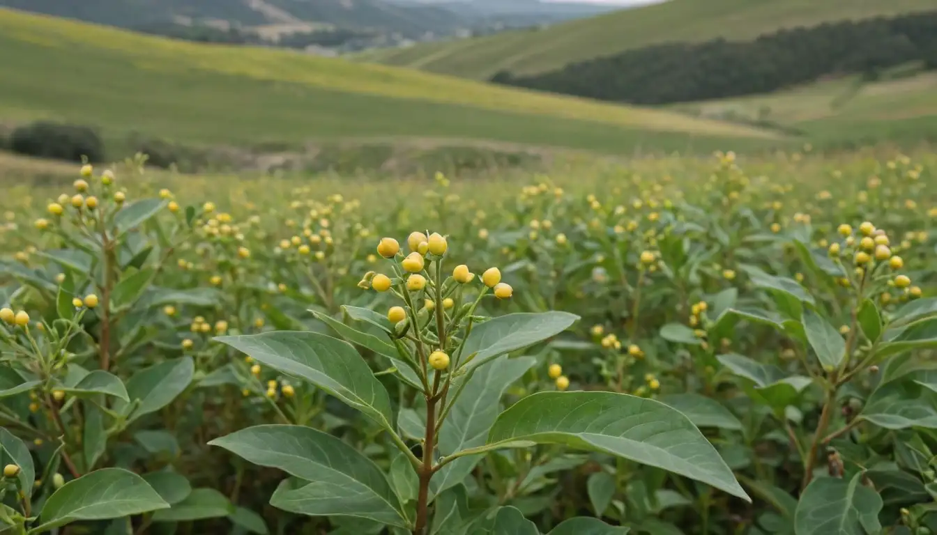 Golden fields with lush green Hypericum perforatum plants, delicate flowers, and intricate stem patterns; close-up shots of leaves with tiny white dots; clusters of ripe berries on stems; and a subtle background featuring rolling hills or a rustic landscape