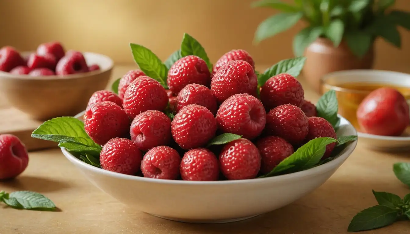 A bright red fruit with green leaves, sliced and arranged artfully, perhaps with a sprinkle of brown sugar or a few fresh mint leaves, set against a warm golden background, or surrounded by a bowl or plate with other ingredients, conveying freshness, abundance, and culinary delights