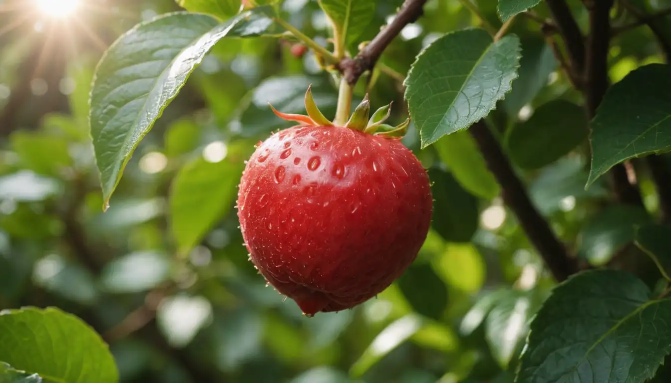 a vibrant red fruit, juicy and luscious, surrounded by lush greenery, with sunlight reflecting off its glossy surface, perhaps with some yellow or orange highlights, set against a warm background