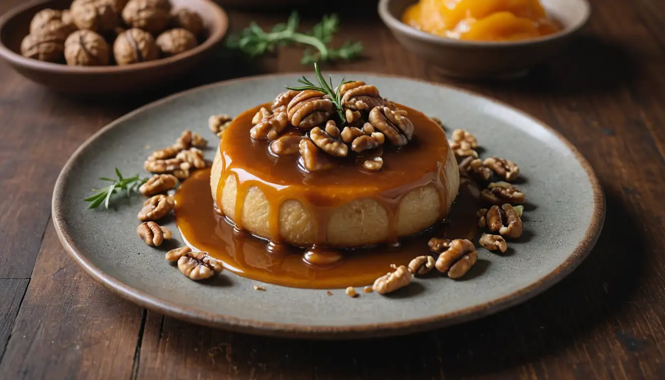 warm, golden-brown caramel sauce drizzled over a decadent, richly-colored orange-red pomarrosa postre, surrounded by scattered walnuts, on a rustic wooden or stone surface, with a few sprigs of fresh herbs like thyme or rosemary nearby, lit from above by soft, natural light