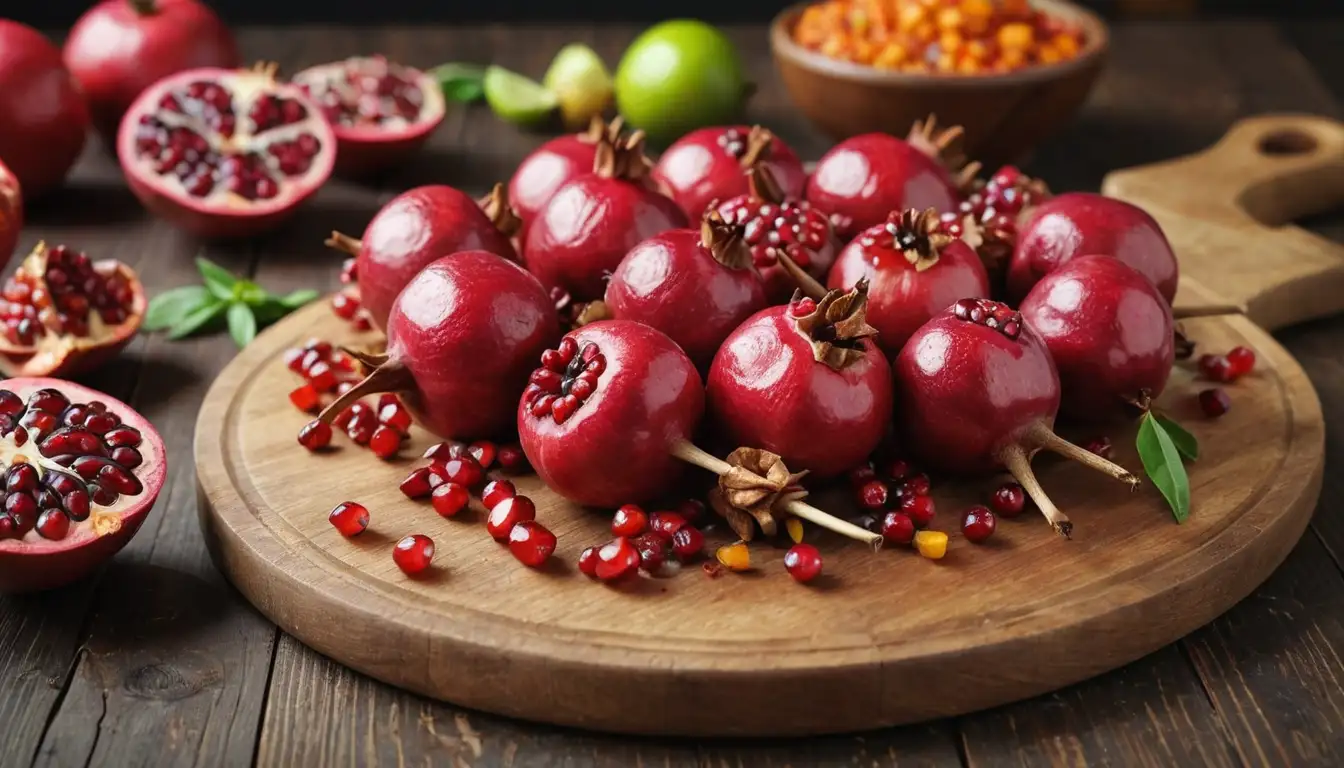 ripe red pomegranate fruits, colorful vegetables, juicy meat skewers, warm spices, golden brown embers, vibrant kitchen utensils, rustic wooden boards, and a hint of freshness