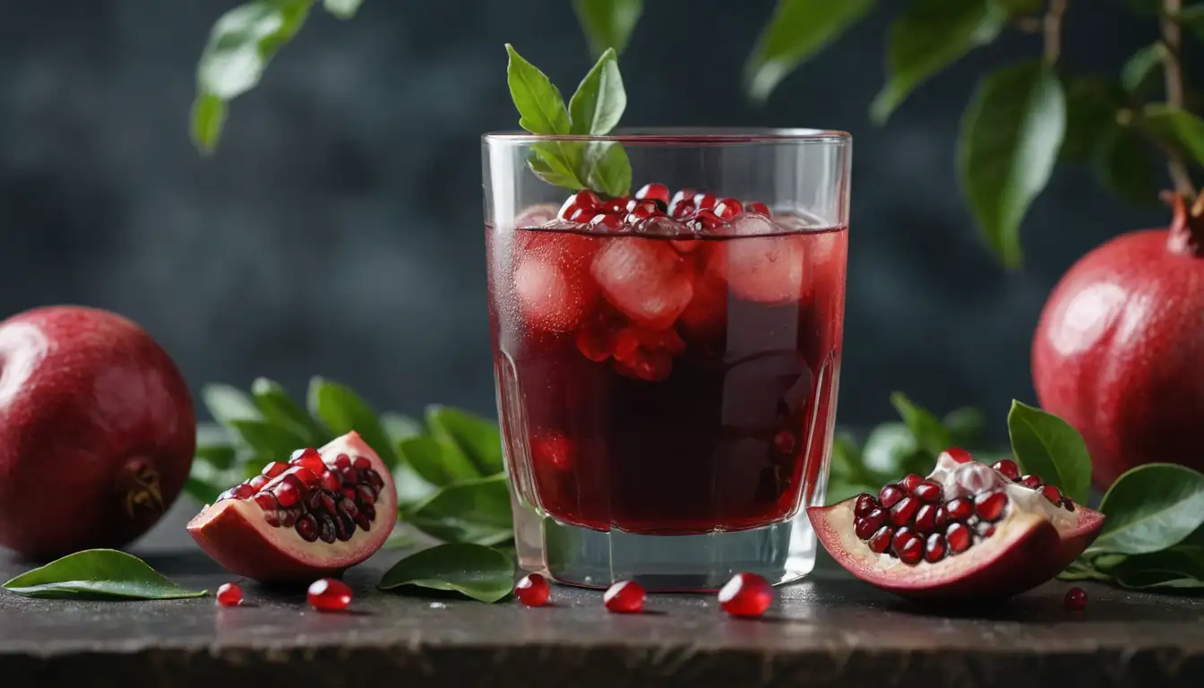 A vibrant, juicy, and refreshing image of a glass filled with natural pomegranate juice, with an ice cube floating on top, surrounded by fresh pomegranate seeds and leaves