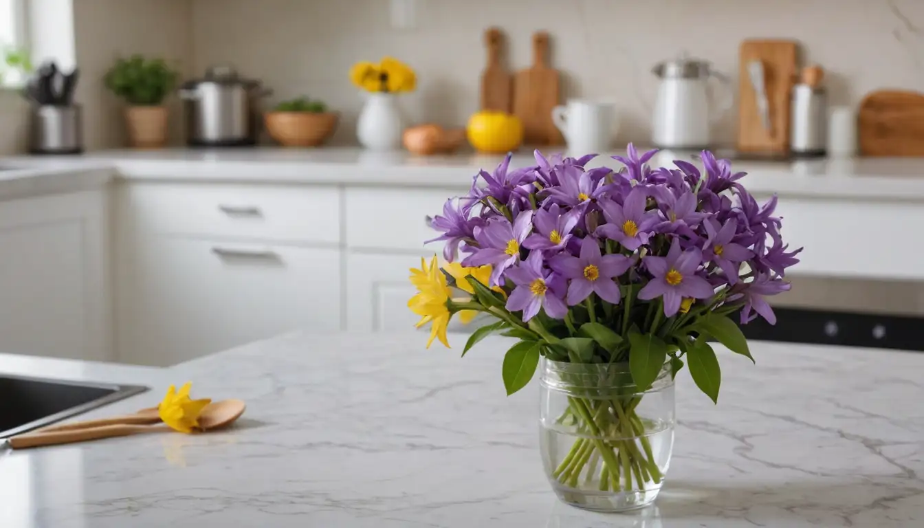Vibrant purple flowers with yellow centers, delicate white petals, and a hint of green leaves in the background, possibly on a blurred or out-of-focus kitchen counter or table setting, with some cooking utensils nearby
