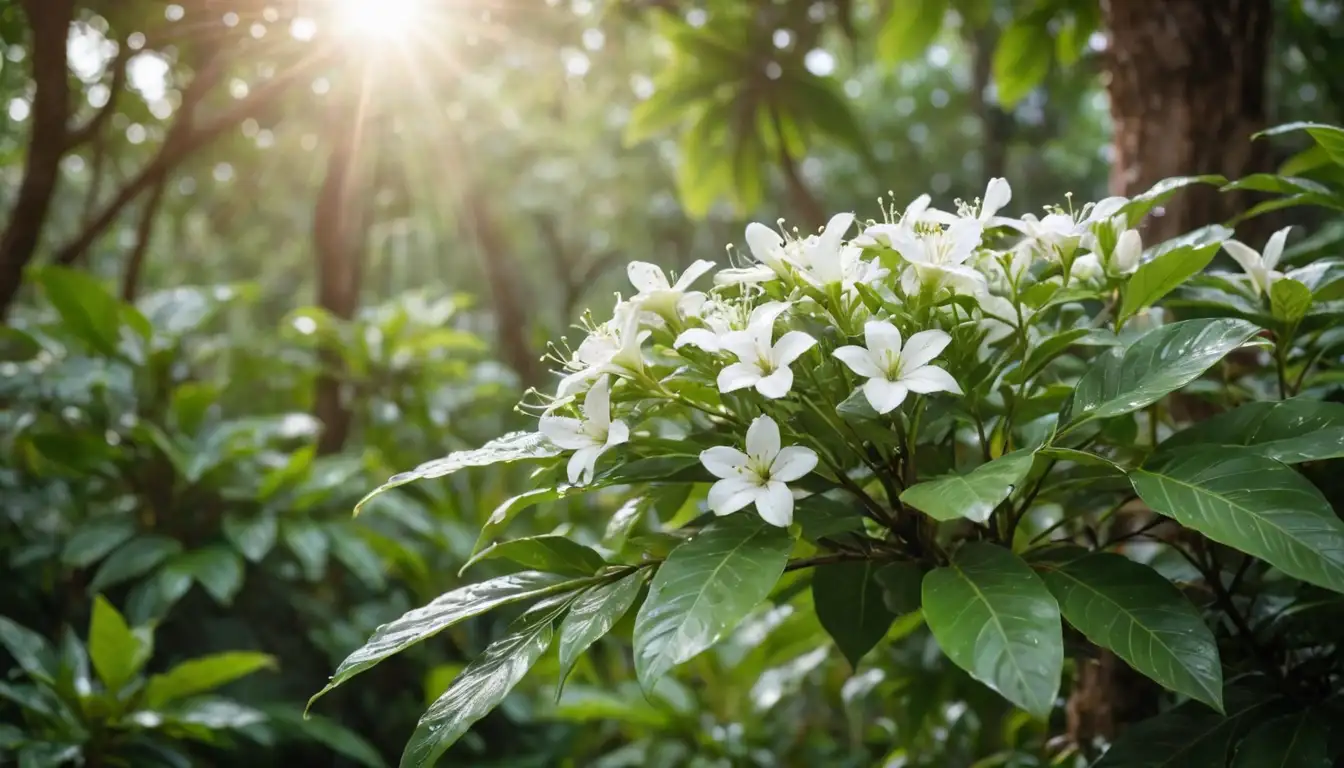 Aromatic white flowers, delicate petals, bright green leaves, tropical tree, sunny landscape, lush foliage, serene atmosphere, subtle mist, dew drops, warm light, vibrant colors