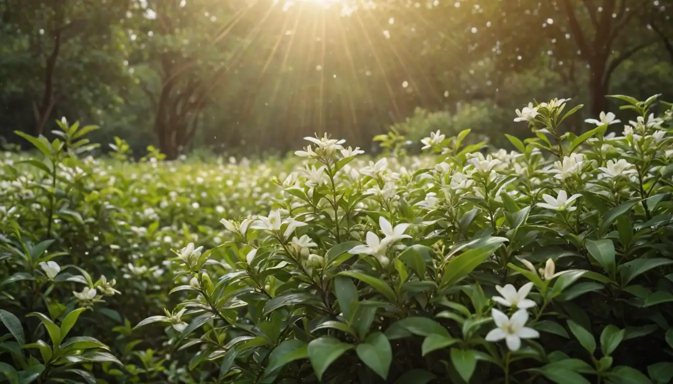 Vibrant green landscape, lush jasmine bushes, golden sunlight, delicate white flowers, buzzing bees, busy hands holding seedlings, gentle rainfall, fertile soil, and a sense of new beginnings