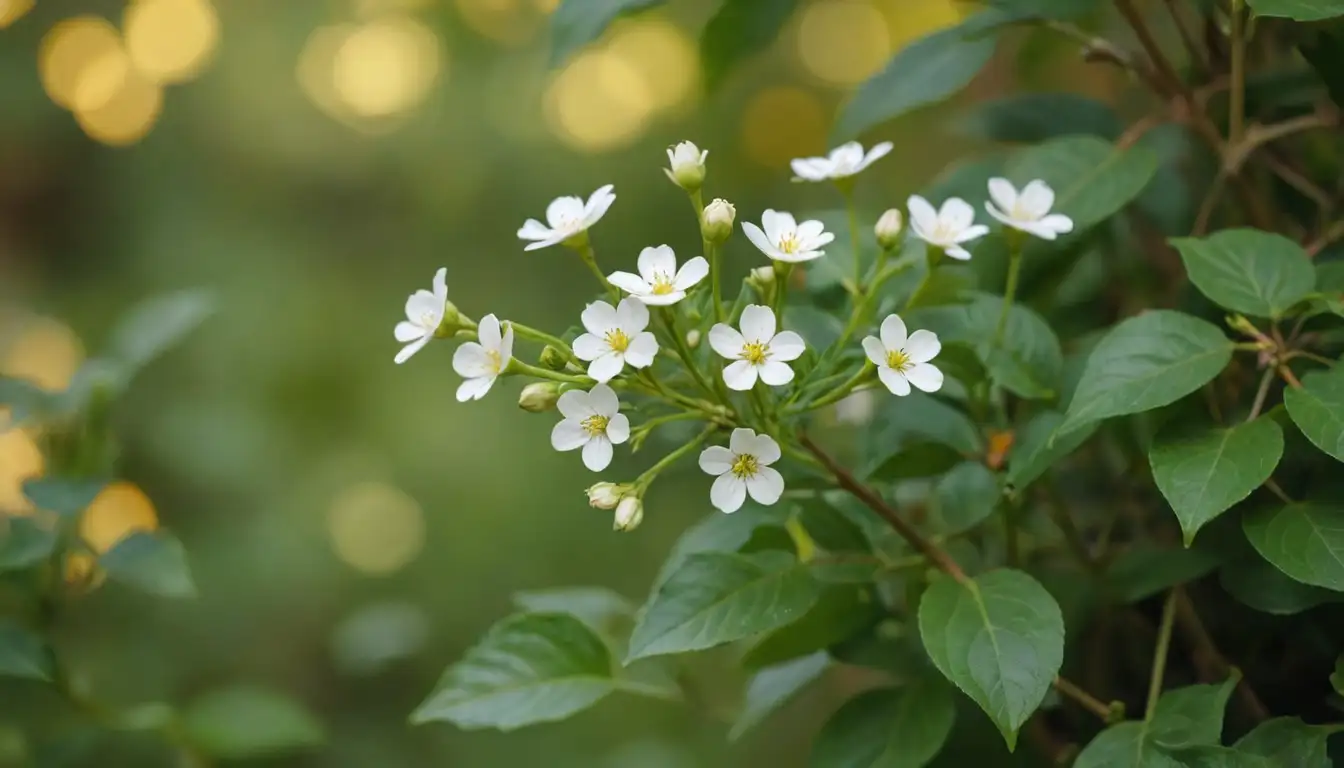 Small white flowers with a delicate appearance, growing on a green stem, amidst lush leaves and vines, in a bright yellow or orange background, possibly with some natural elements like twine or a basket