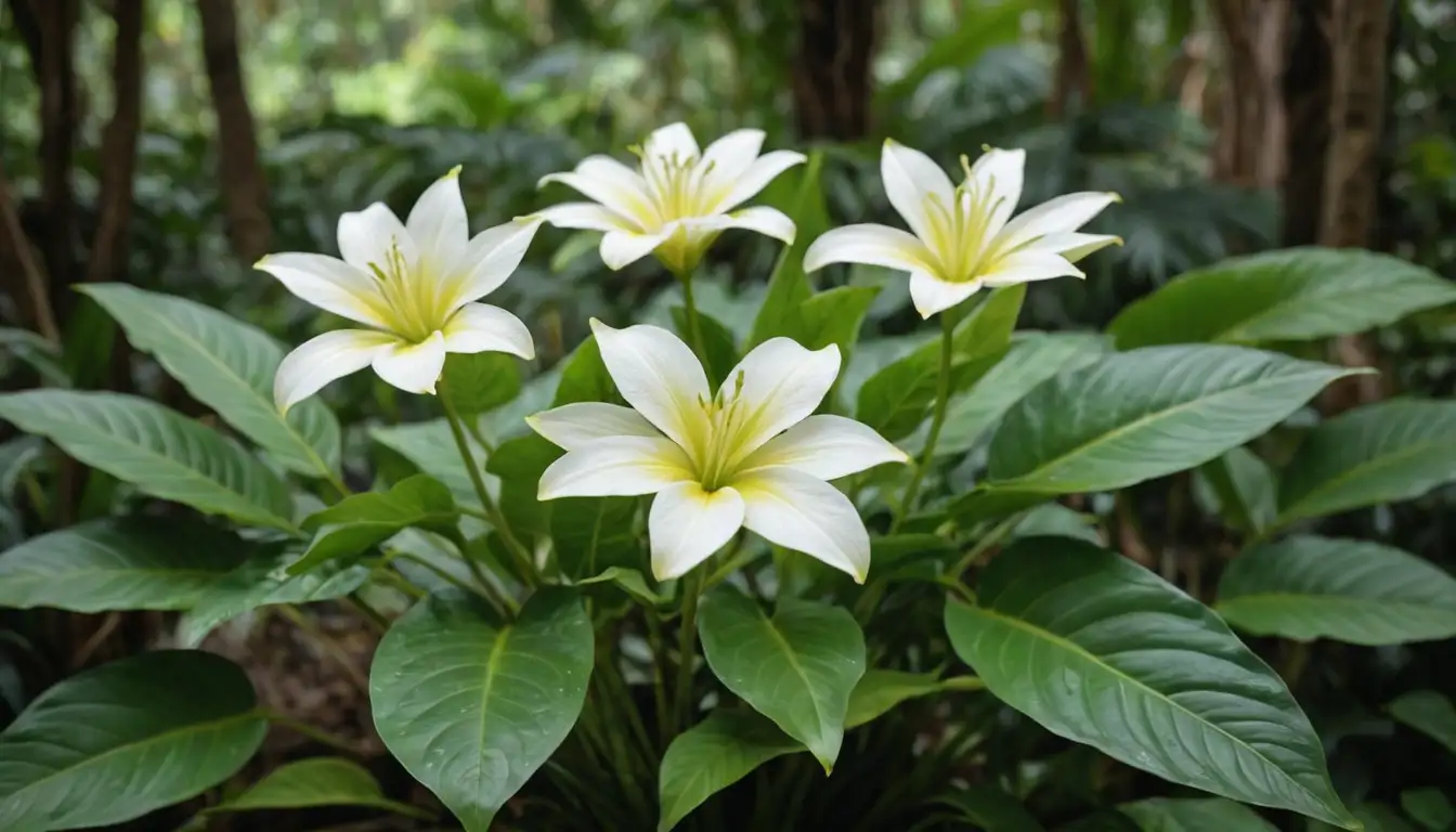 Vase-shaped flowers, yellow-green petals, white centers, delicate stems, lush green leaves, tropical jungle background, soft focus, blurred outlines