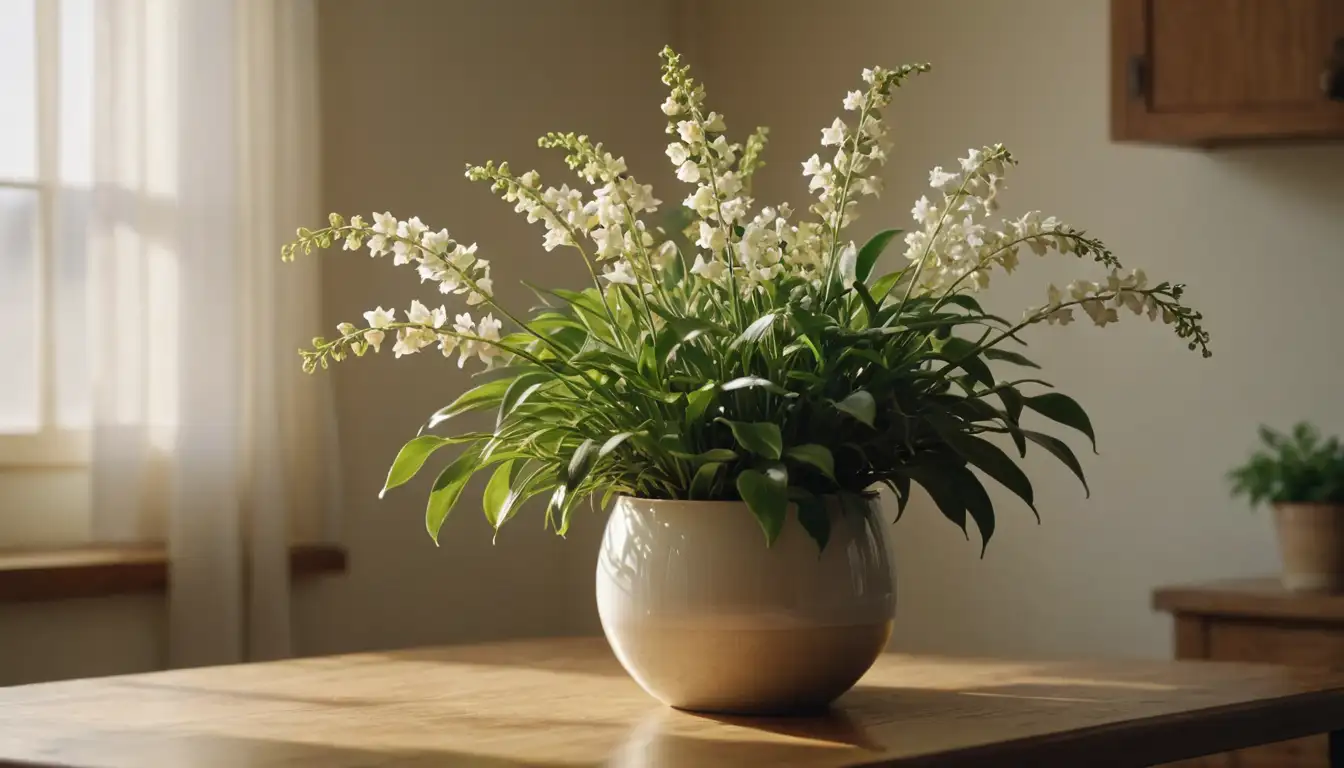 A lush, green plant with bright white and yellow blooms, set against a warm, golden light, featuring delicate, curved petals and prominent stamens; an interior space with minimal decor, emphasizing the beauty of nature; a table or shelf with a vase or pot filled with fresh flowers; a serene, quiet atmosphere with subtle shadows