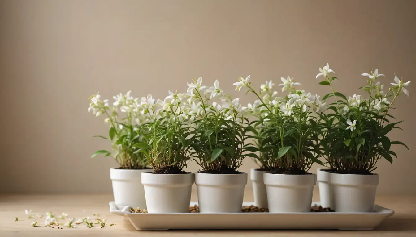 Delicate jasmine flowers, fragrant green stems, small white pots or trays with soil, a few scattered seeds, delicate foliage, possibly a few sprouted shoots, simple background, warm colors