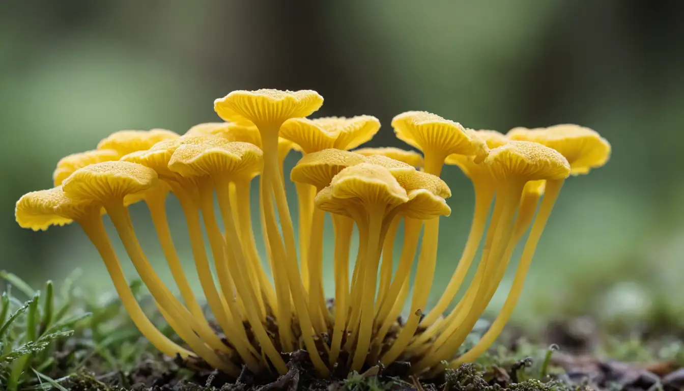 Close-up view, macro photography, fungal fruiting bodies, bright yellow color, ovoid shape, wavy edges, slightly sticky surface, greenish-yellow stalks, delicate gills, moist substrate