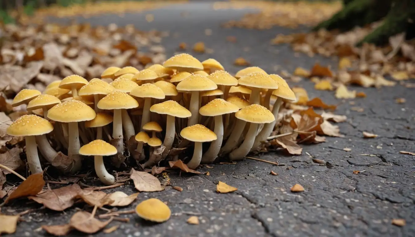 Yellowish mushrooms with rounded caps and short stems, growing in clusters, surrounded by dry leaves, on a sunny stone pavement, with faint hints of yellow and orange tones
