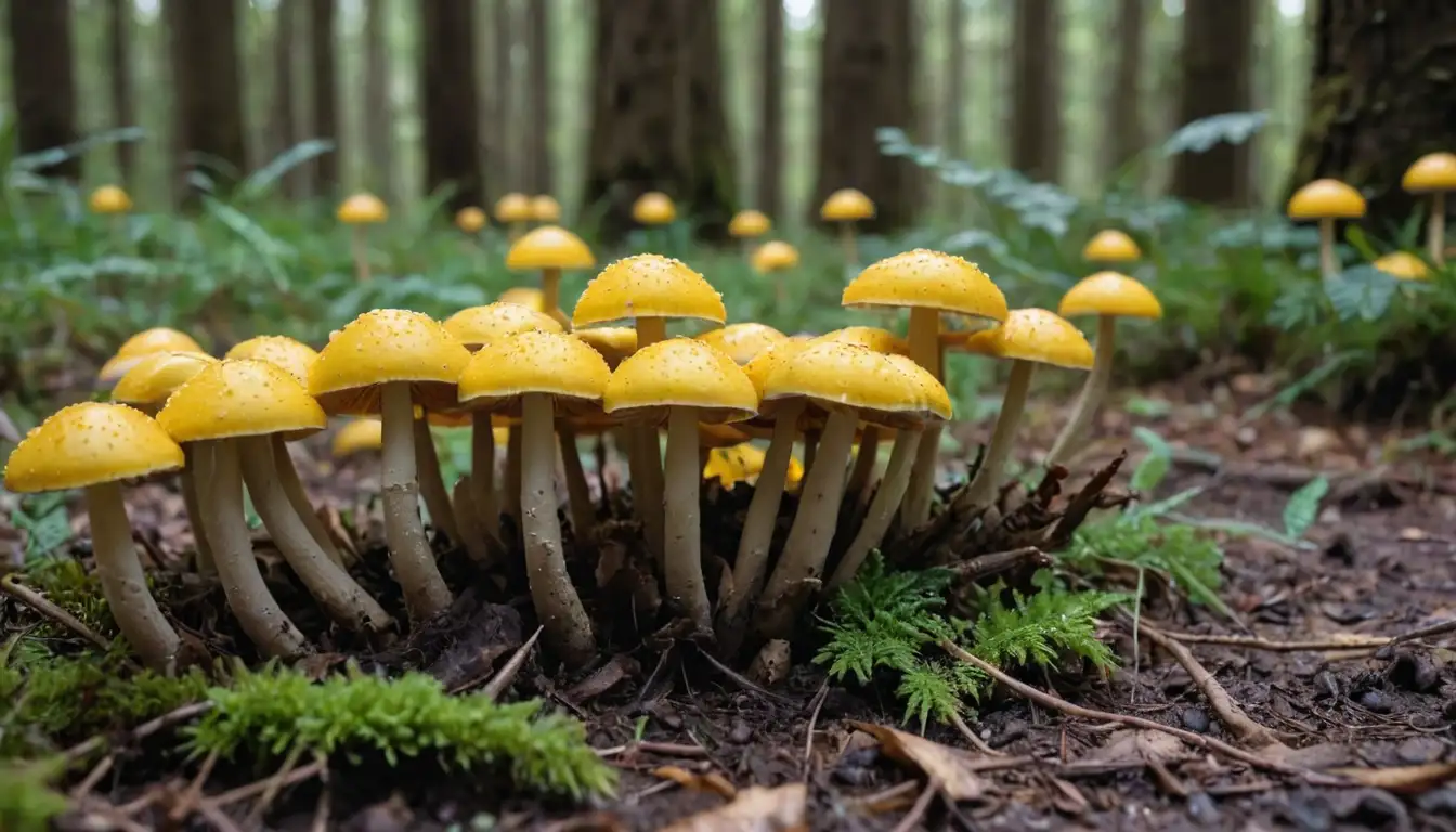 2-3 mushrooms with bright yellow caps, stems growing in damp soil, forest floor or garden setting, possibly some leaves or twigs in the background, earthy tones, natural light, macro focus
