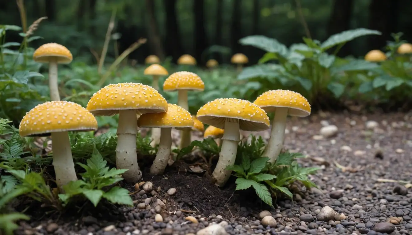 yellow amanita mushrooms growing outdoors, possibly near a maceta or pot, on soil or gravel, with some foliage or plants in the background, perhaps with a hint of sunlight or shadow to highlight the details