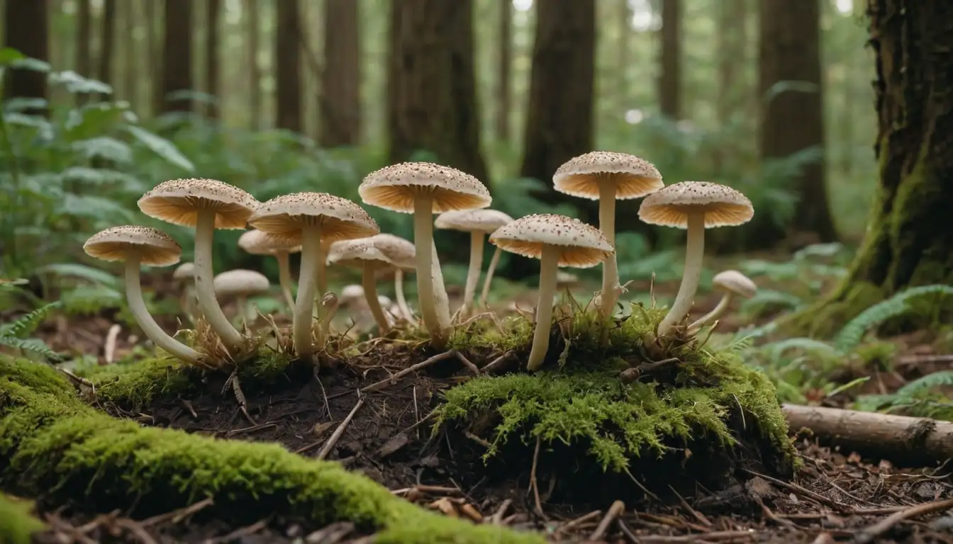 3-4 fungal fruiting bodies on a compost-rich substrate, with curved caps and long stems, some with slightly opened gills, surrounded by plant debris or soil, in a warm-toned environment like forest floor or garden bed, with hint of growth and development in the background