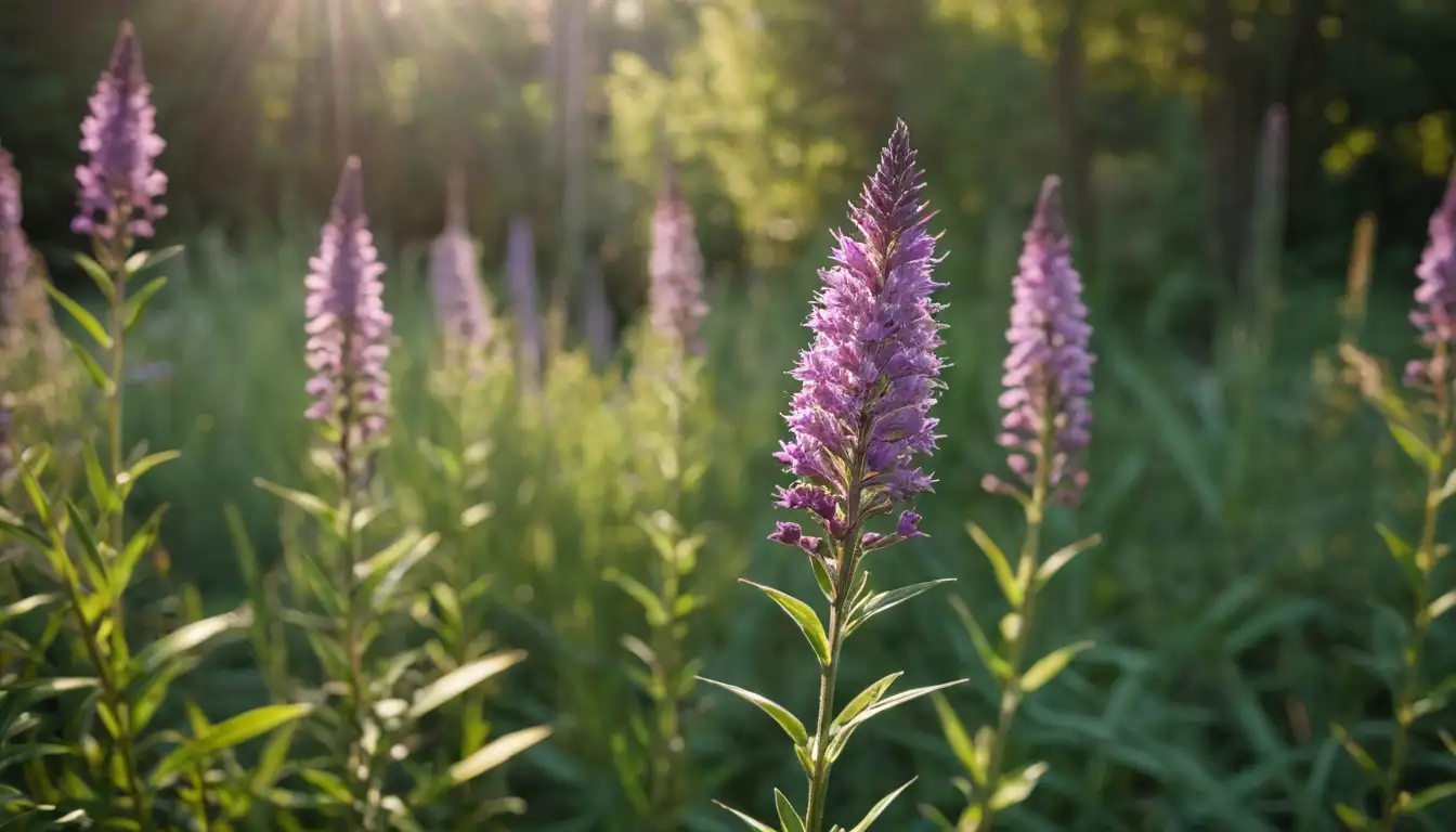 Delicate purple flowers, clusters of stemmed blooms, fields of Liatris in bloom, close-up of individual spike-like inflorescence, warm sunlight filtering through foliage, naturalistic setting with native plants, soft focus on background to highlight foreground interest