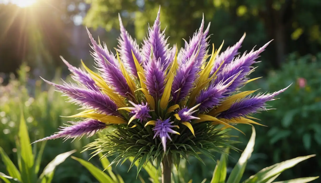 3D flower illustration, purple and yellow hues, spikes or plumes, green stem, natural background, possibly a sunny day, simple and elegant design