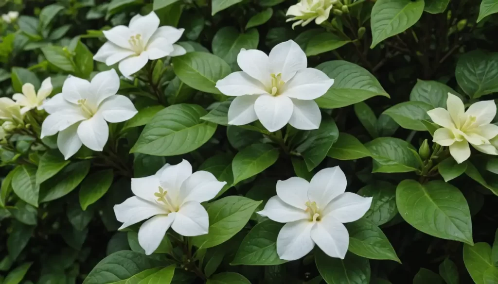 Blooming gardenias surrounded by lush green foliage