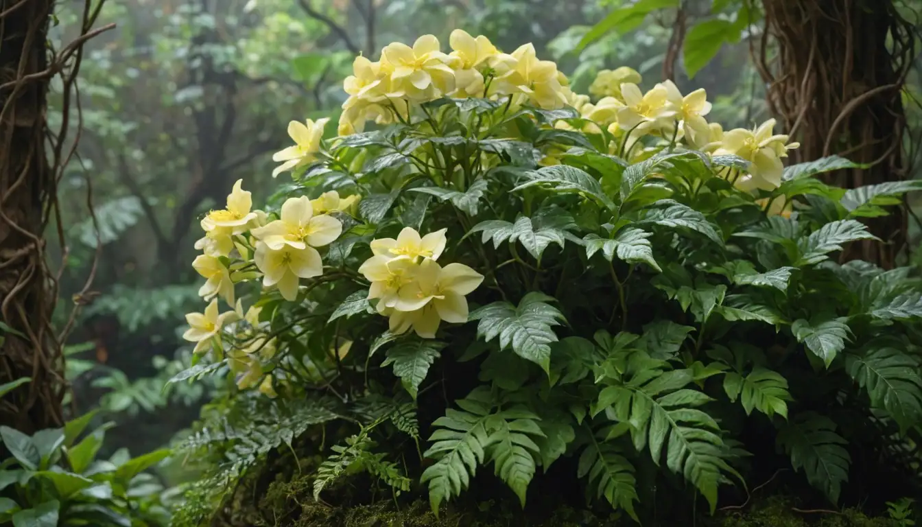 Vines entwined around trellis, gardenias with bright yellow flowers, hortensias with delicate petals, ferns in moss-covered terrarium, acidic soil with exposed roots, misty forest atmosphere, natural lighting with dappled shadows, lush green foliage, colorful blooms