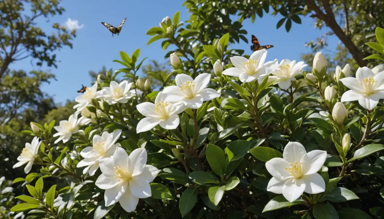 4-6 gardenias surrounded by lush green leaves, with a few flowers blooming in shades of white and yellow, set against a bright blue or sunny sky, featuring butterflies, bees, or other pollinators visiting the blooms, with some organic compost or soil in the foreground