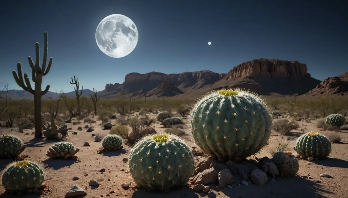 3D illustration of Lophophora plants, desert landscape, cacti, rock formations, creosote bushes, and a full moon, with a subtle hint of mysticism