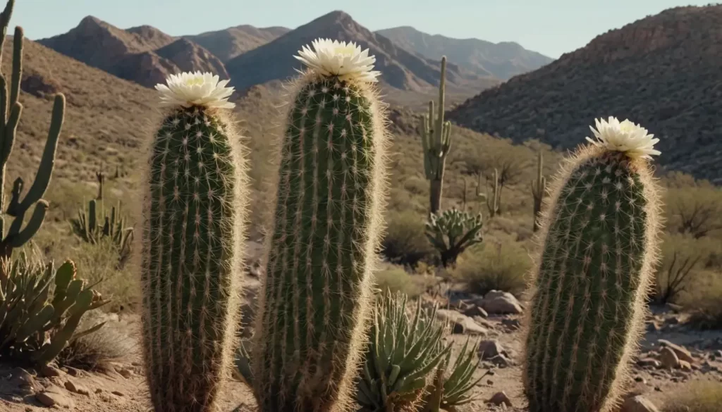 2-3 columnar cacti with white or cream-colored flowers