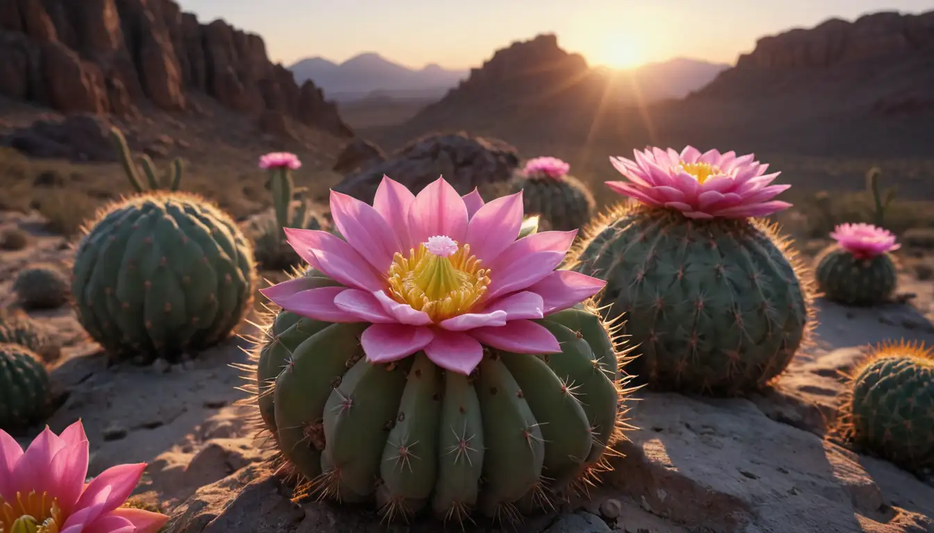 3D renderings of Lophophora Williamii and Lophophora Diffusa cacti, flowers with pink or yellow centers, spines of different lengths and textures, desert landscape with rocky formations, sunset colors of orange and purple, subtle shading to depict depth