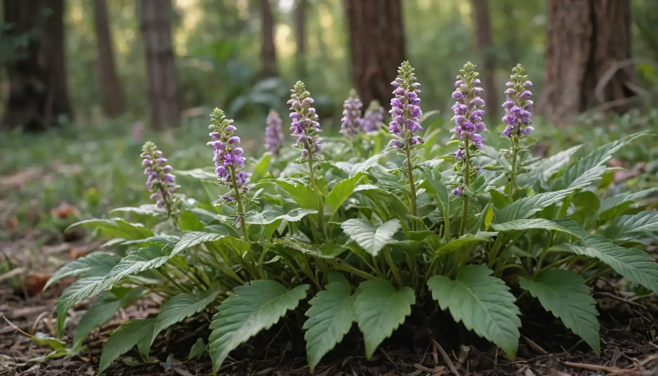 4-6 medicinal plants, Mostacilla prominent, colorful, natural setting, leaves and flowers visible, possibly some fruits or roots, soft focus, warm light
