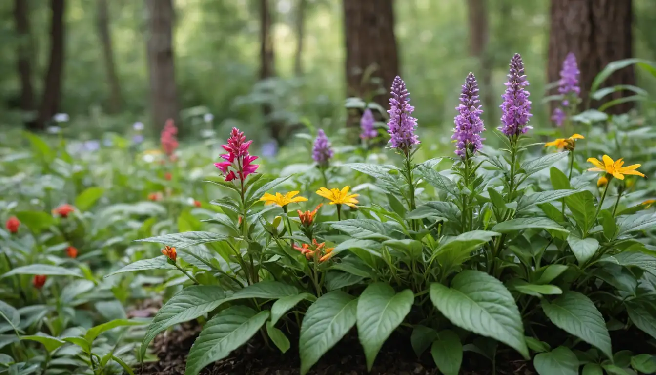 4-6 medicinal plants with bright colors, growing together in a natural setting, leaves and flowers intertwined, a blurred background representing nature, a sense of growth and harmony