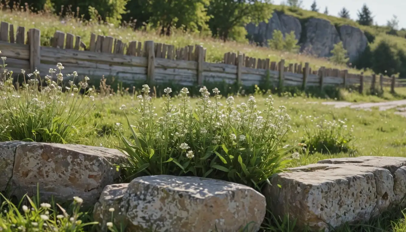 A sunny meadow with a few plants, including a lepidium plant with small white flowers, surrounded by rocks and possibly a wooden fence or tree, with some green leaves and a hint of blue sky above, all on a warm beige or brown background, no people or buildings