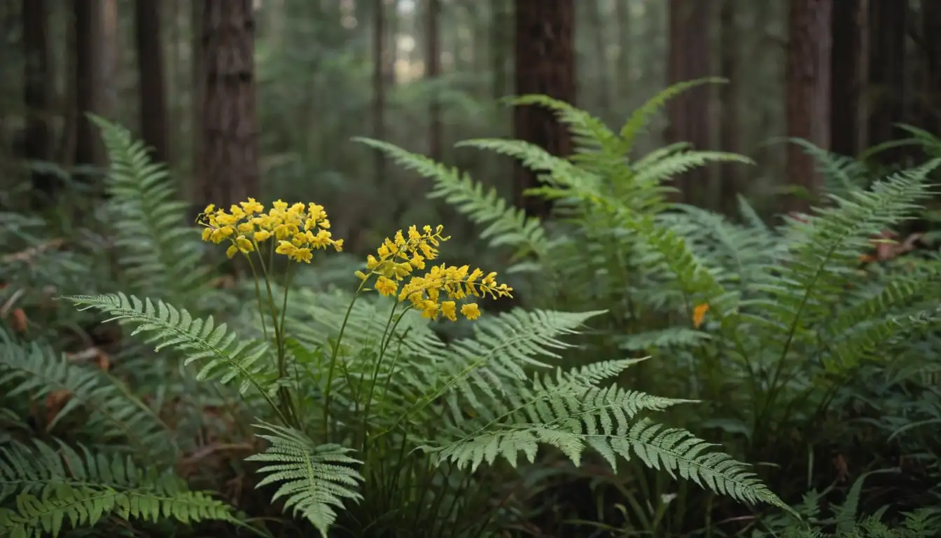 2 plants, one with fern-like fronds, another with yellow flowers, growth stages shown, earthy tones