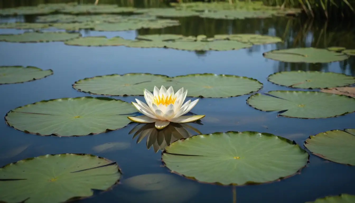 Water lily blooms, lotus-like pads, serene lake background, greenery surrounding, warm sunlight, gentle ripples, reflection of leaves