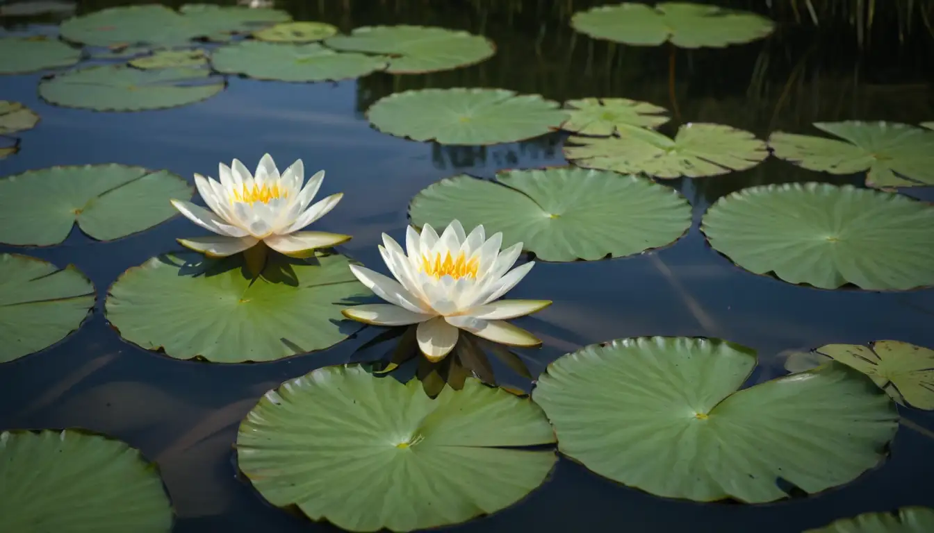 Water lily flowers, leaves with ruffled edges, lotus-like center, large floating pads, calm body of water, green stems, aquatic plants, serene atmosphere