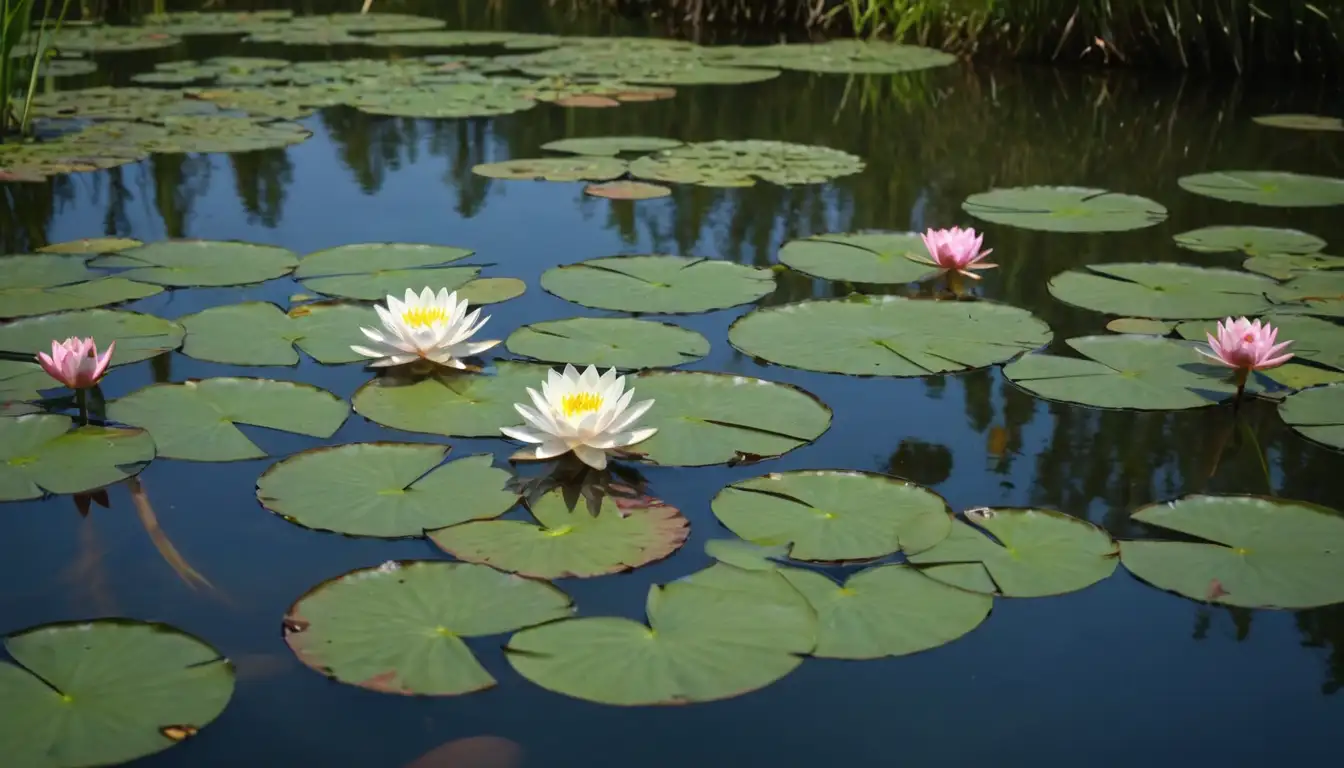Water lilies, aquatic plants with large flat leaves, floating or submerged in water, surrounded by vibrant flowers, possibly a pond or lake setting, tranquil and serene atmosphere, sunlight reflecting off ripples