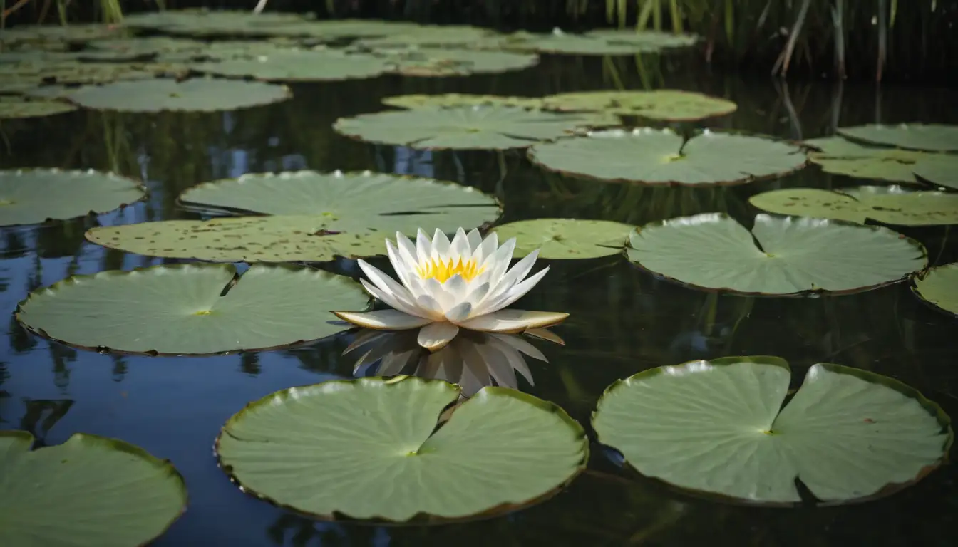 A serene aquatic scene with large water lily leaves, gentle ripples on the surface, sunlight filtering through the waters edge, a few blooming flowers floating among the vegetation