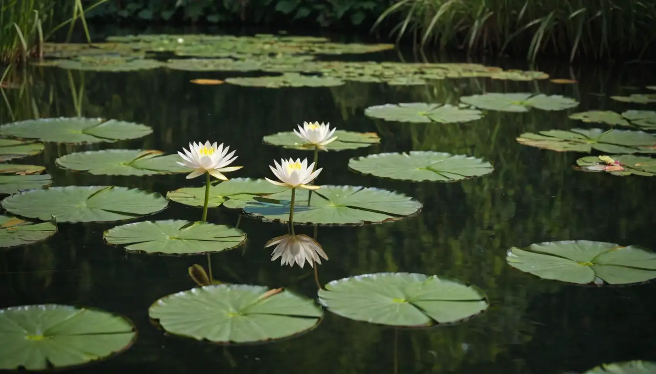 Water lilies floating on a serene pond, surrounded by lush greenery, with delicate flowers and long stems reaching out to touch the surface, a few butterflies flitting about, warm sunlight shining down
