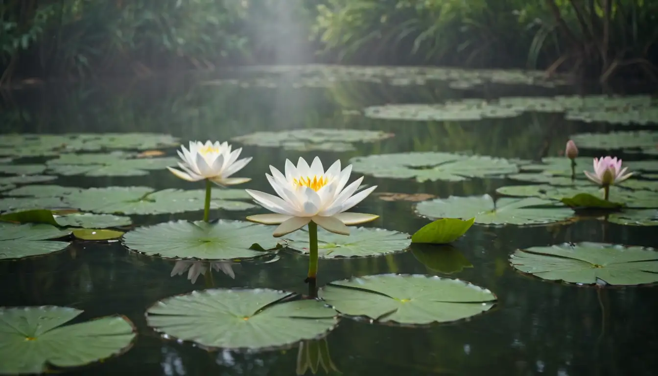Water lily flowers, serene pond, lush greenery, soft ripples on water, sunlight filtering through trees, misty background, delicate petals, velvety texture, fragrance wafting up