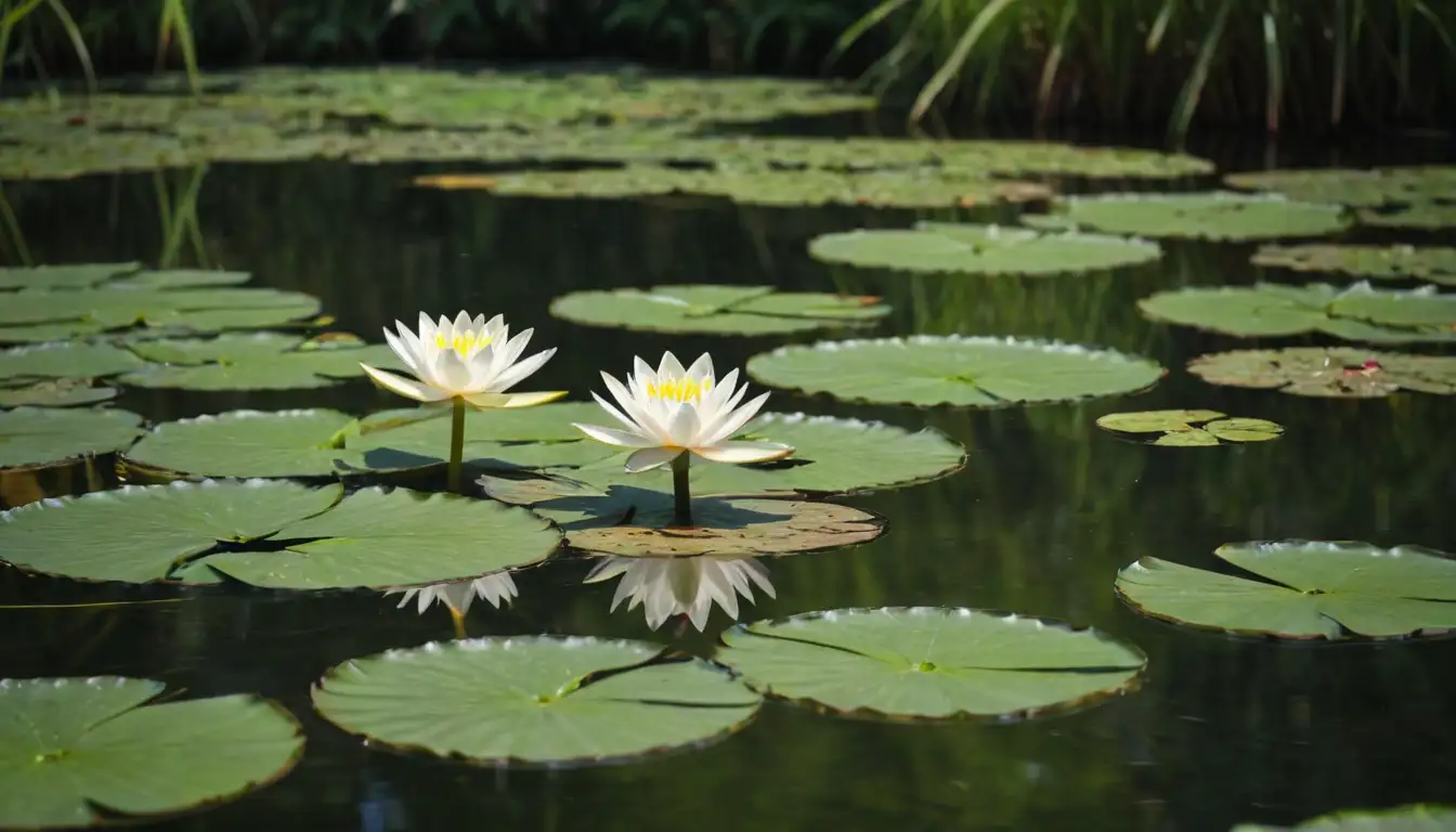 Water lilies with sweet fragrance surrounded by calm pond water, lush greenery and bright sunlight, possibly with a few insects or small animals nearby, like butterflies, bees or frogs, set against a serene natural environment
