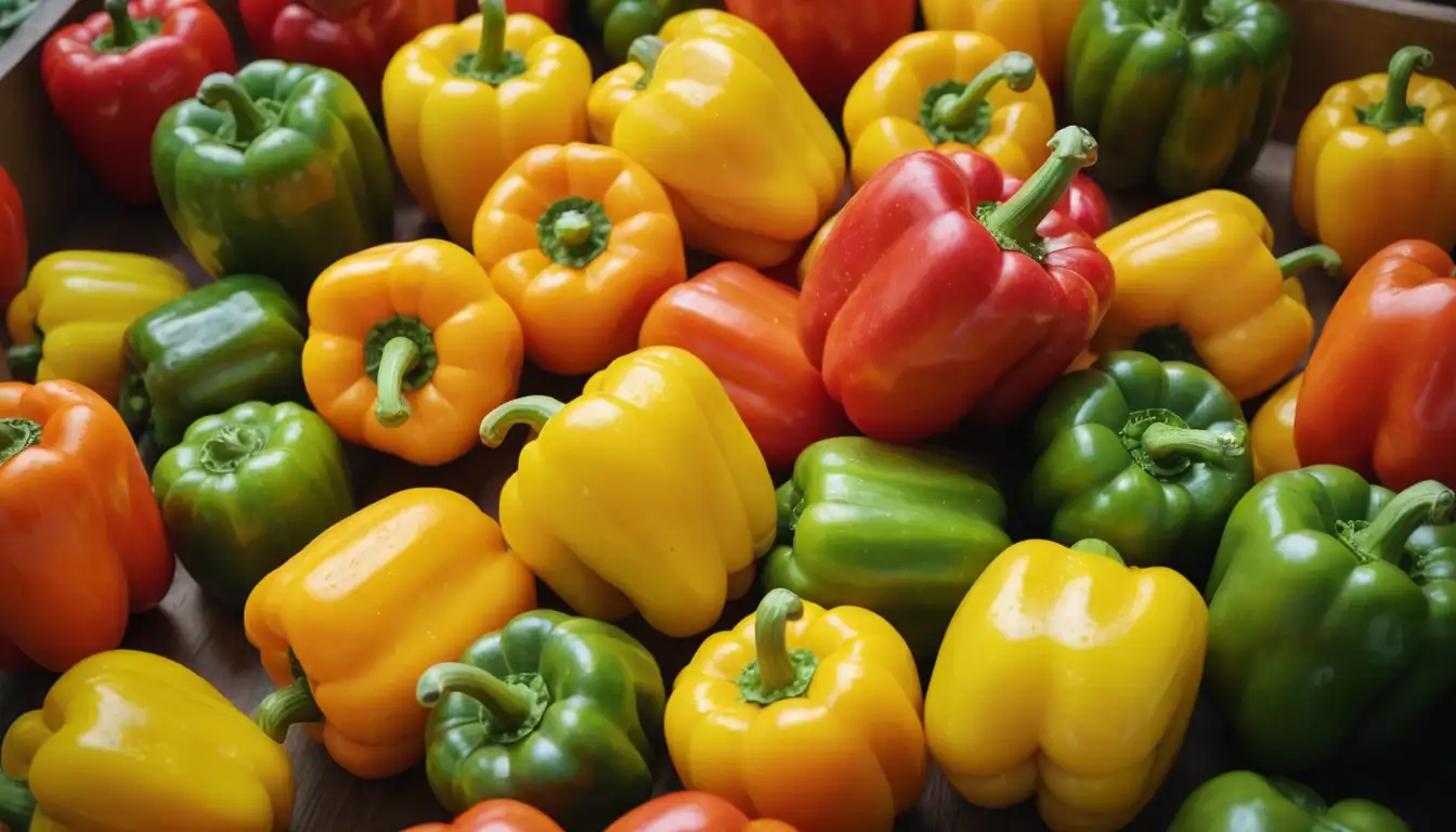 Vibrant colors, Summer produce, Bell peppers, Whole fruit, Green and yellow hues, Fresh vegetables, Juicy texture, Delicate rinds, Healthy snack, Aromatic flavors, Garden freshness, Organic and natural ingredients