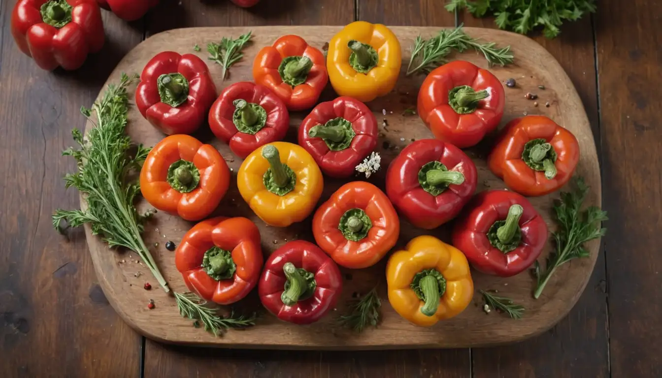 Vibrant, juicy, roasted red bell peppers, sliced and arranged artistically on a rustic wooden board, surrounded by fresh herbs like parsley and thyme, with a few artfully placed olives and feta cheese cubes adding pops of color, set against a warm, golden background