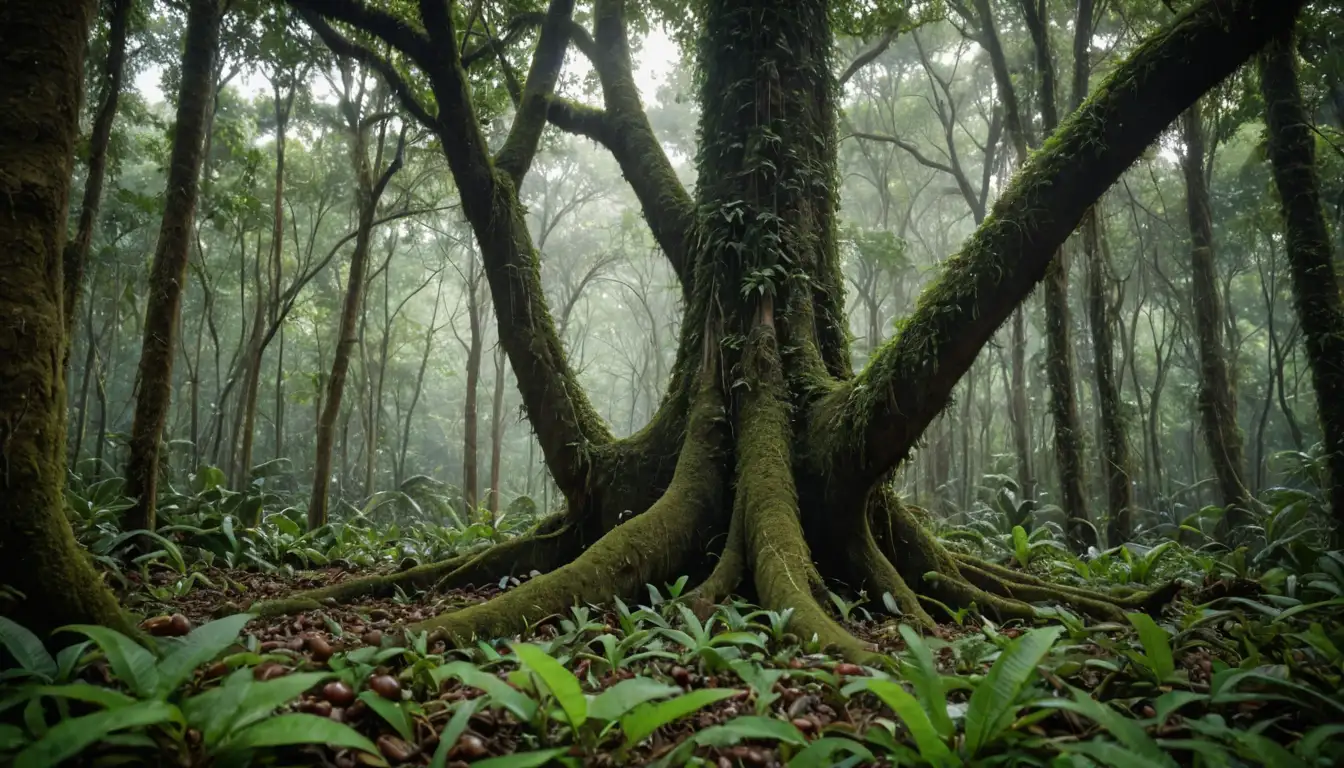 A photograph of a lush Amazonian forest, with a Brazil nut tree in the center, its trunk covered in vines and epiphytes, surrounded by fallen nuts on the forest floor, with a few tropical birds or insects visible among the leaves or foliage