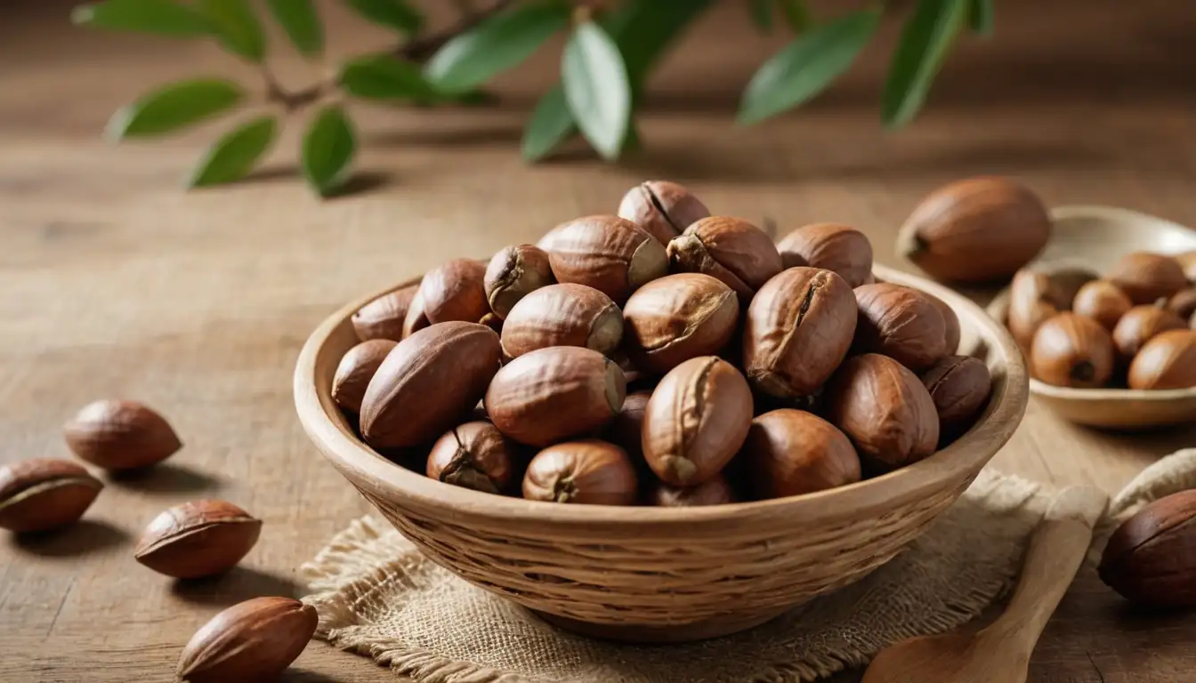 3D illustration of Brazil nut tree branch with nuts falling, close-up shot of single golden-brown nut with ridges and shell, basket or bowl filled with fresh Brazil nuts surrounded by kitchen utensils and cosmetics, subtle background texture resembling wood grain or earthy tones