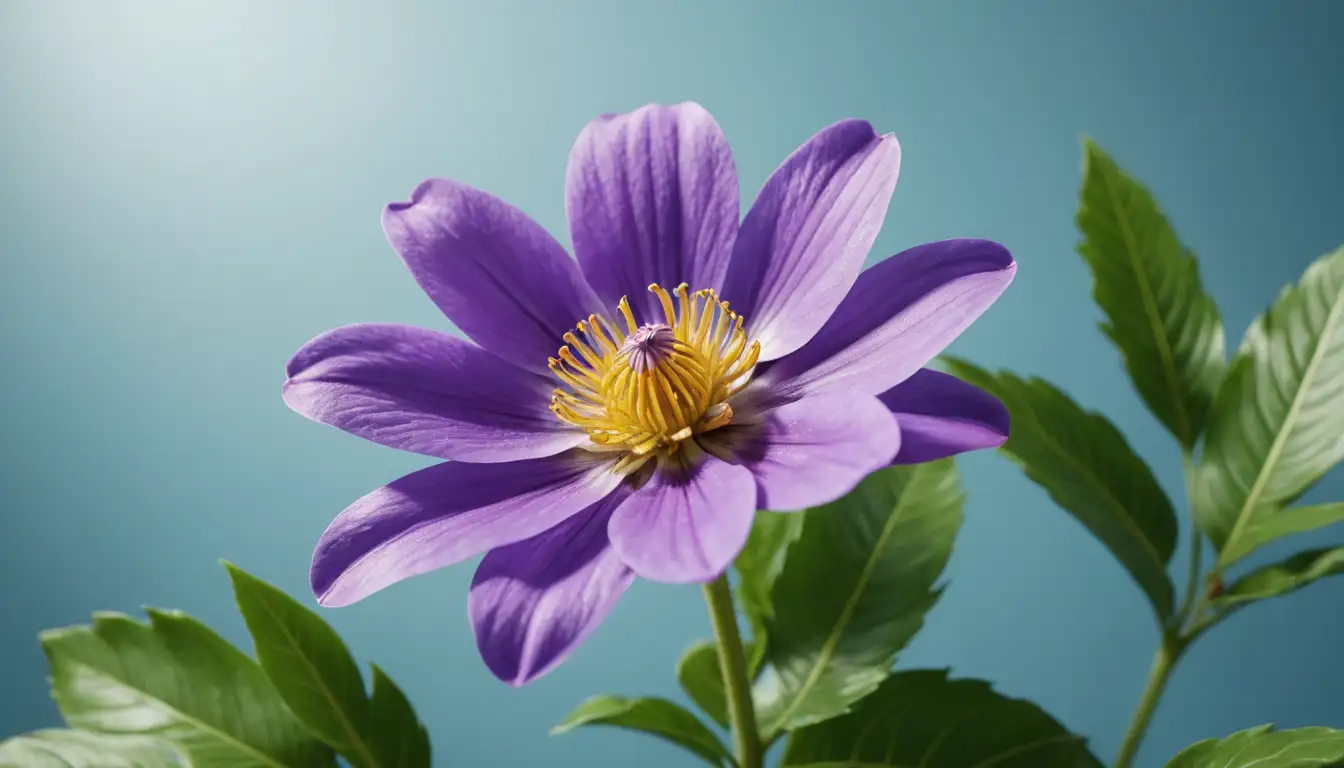 3D illustration of a rare, delicate flower with purple petals and yellow center, surrounded by lush green leaves, set against a bright blue or white background, with subtle hints of tropical foliage