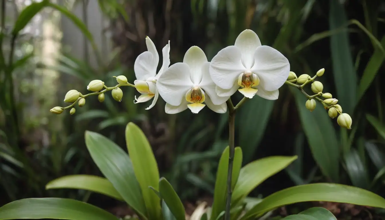 A lush green orchid stem with delicate white petals and yellow center, surrounded by a blurred background of tropical leaves or flowers, with a few small roots or soil particles scattered around the base, hinting at growth and potential