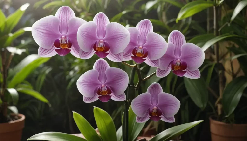 Close-up of a vibrant orchid flower blooming from a pot