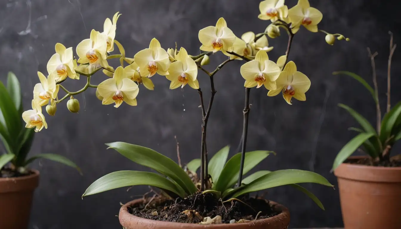 Orchid petals wilting, leaves turning yellow, flower stems drooping, soil drying out, plant pots cracking, water droplets on leaves, roots exposed, and orchid roots tangled in pot debris, all against a subtle blurred background