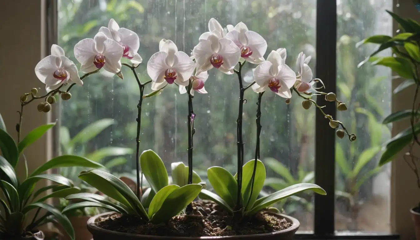 Orchid plant in pot, soil moisture, sunlight streaming through window, water droplets on leaves, delicate petals unfurling, greenery lush and vibrant, tropical background, orchid stems intertwined, blossoms blooming, roots tangled