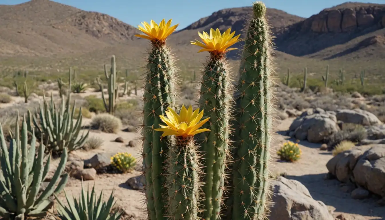 tall, slender, green cactus with long stems, spines, and areoles with sharp white spines, set against a blue desert sky or sandy terrain, perhaps with some rocks or agave plants in the background, featuring vibrant yellow or orange flowers on top