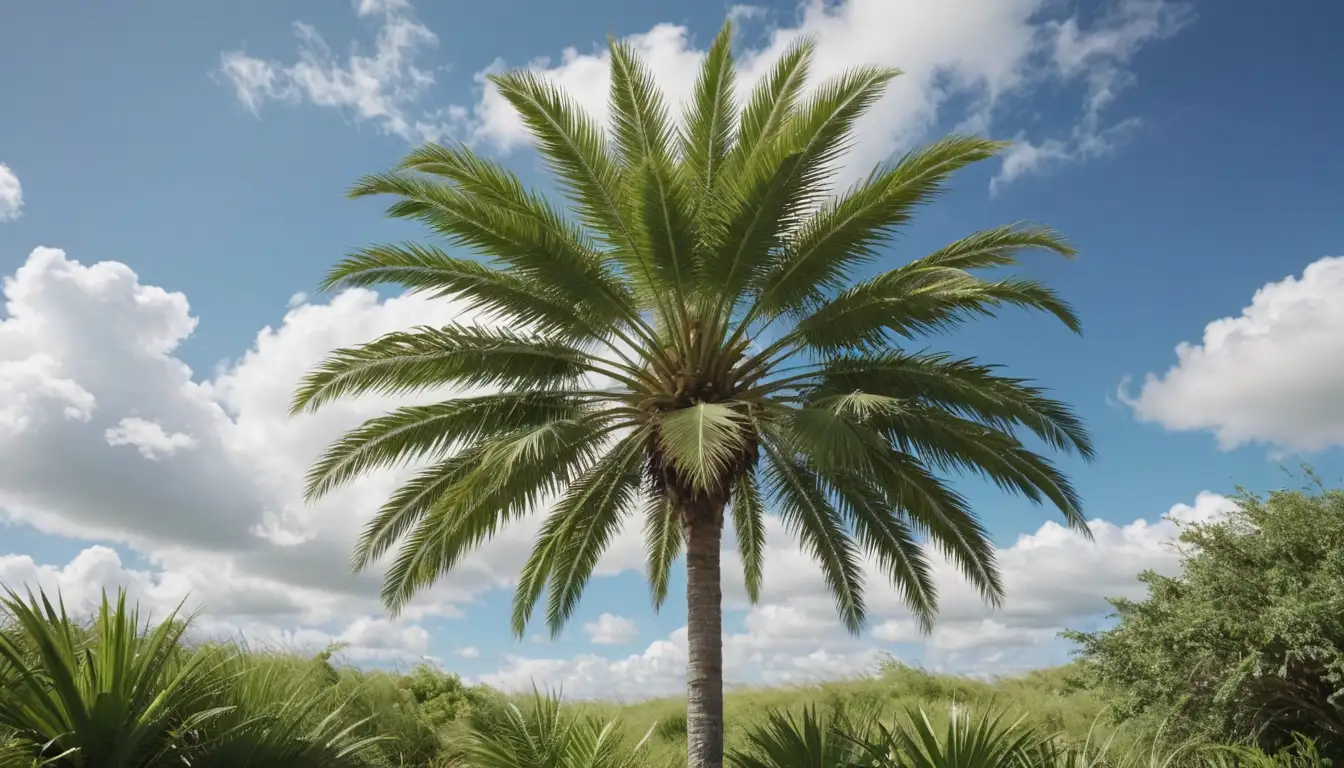 3D rendering of a majestic palm tree with bright green fronds and sturdy trunk, set against a sunny blue sky with fluffy white clouds, surrounded by lush greenery and sand dunes